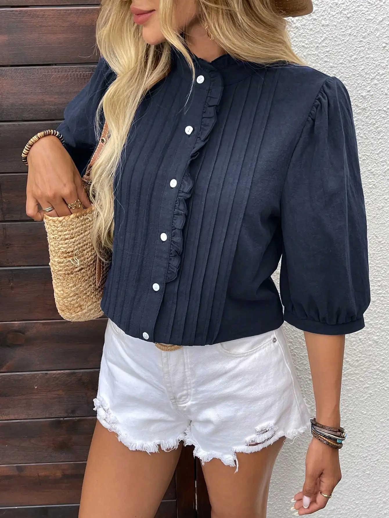 

Women's Solid Color Ruffle Button Up Blouse Cotton Puff Sleeve Casual Shirt