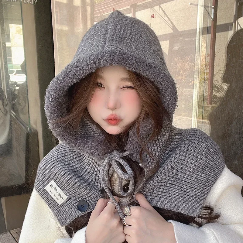 Balaclava Plush Patchwork Button Hood Scarf  Hats for Women One Autumn and Winter Neck Guard Lace-up Lazy Knitted Hat  Beanie