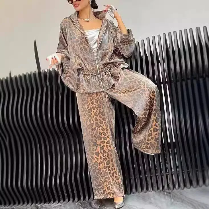 

Fashion Lapel Long-sleeved Cardigan Top + Wide-leg Pants 2-piece Set For Women Autumn Leopard Printing Zipper Loose Suit Female