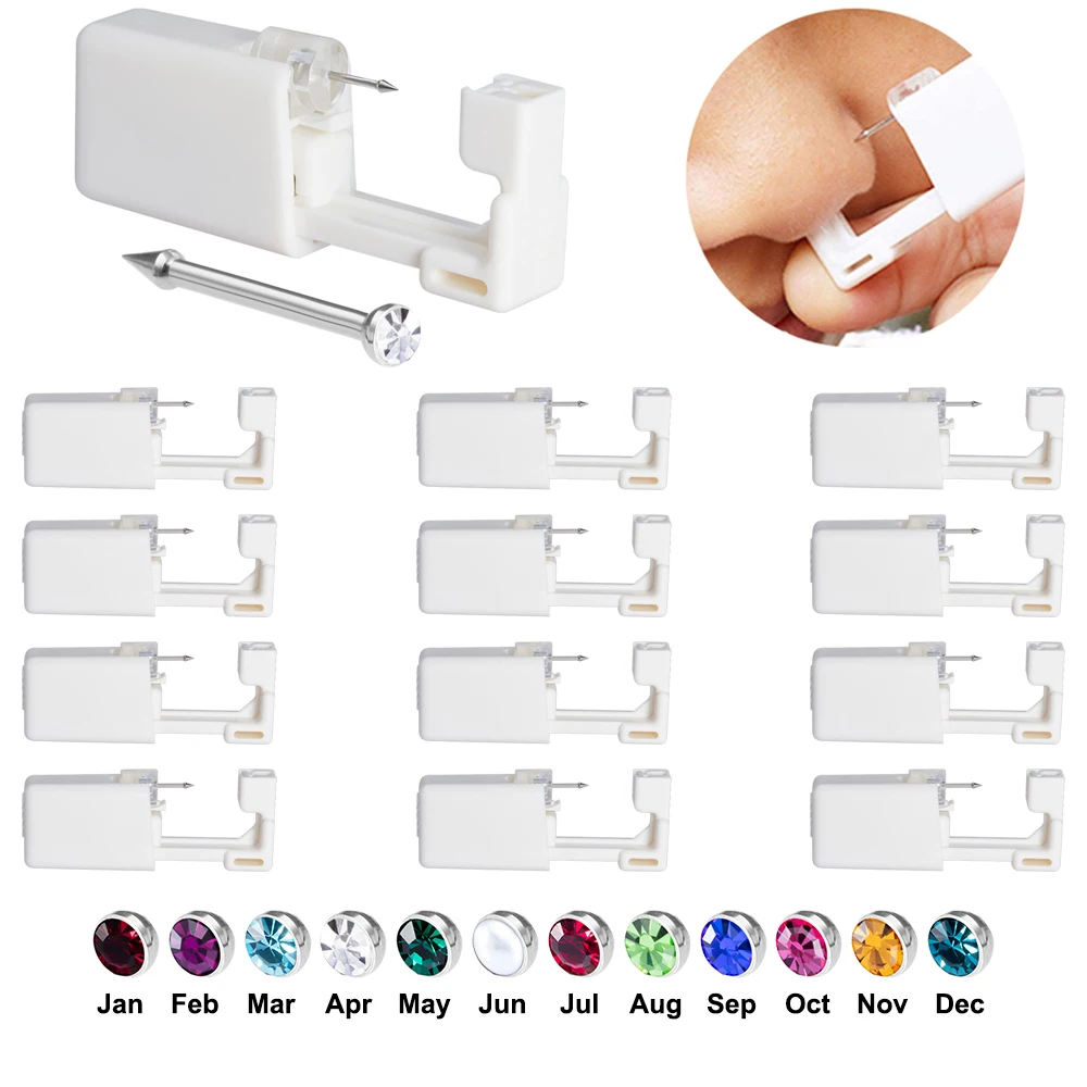 1pc/12pcs Disposable Nose Piercing Gun Sterile Self Piercing Tool Bulit-in Birthstone Nose Studs Safe Easy  Nose Ear Piercing