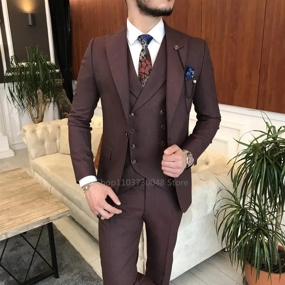 Dark Burgundy Men\'s Suits Peak Lapel Blazer Formal Double Breasted Vest Wedding Party Tuxedos Male 3Pieces Jacket Vest Pants