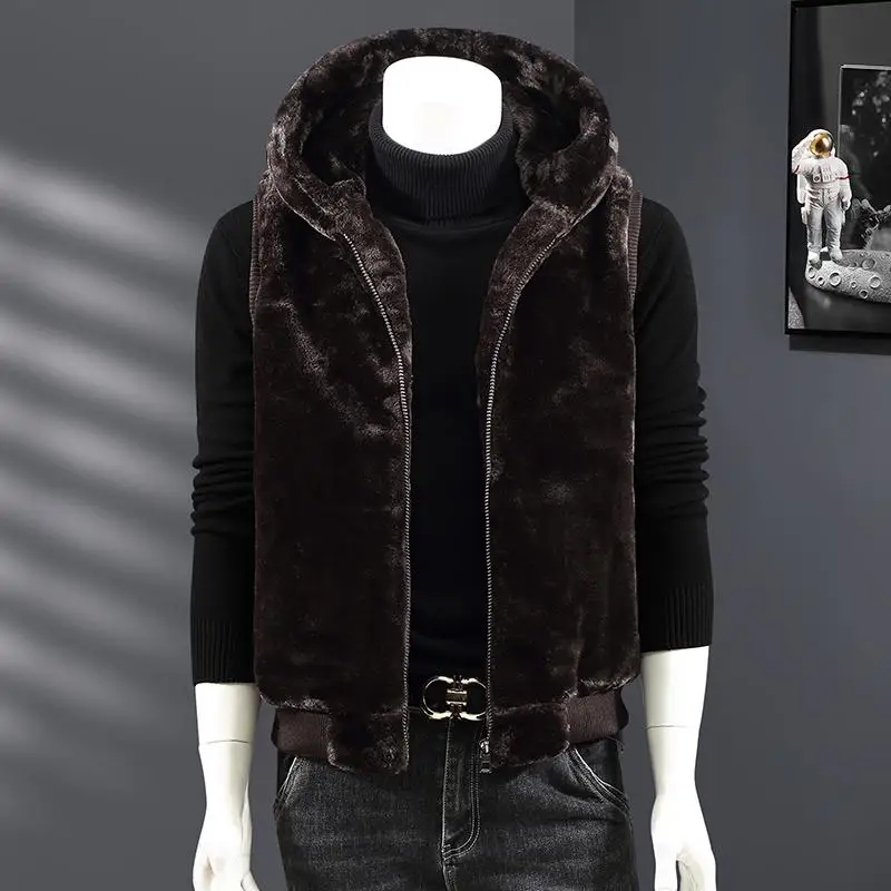 

Men's Autumn Winter Thiened Warm Faux Fur Zipper Cardigan Sle Hooded Plu Vest Couple's Outerwear European Sle Casual ...