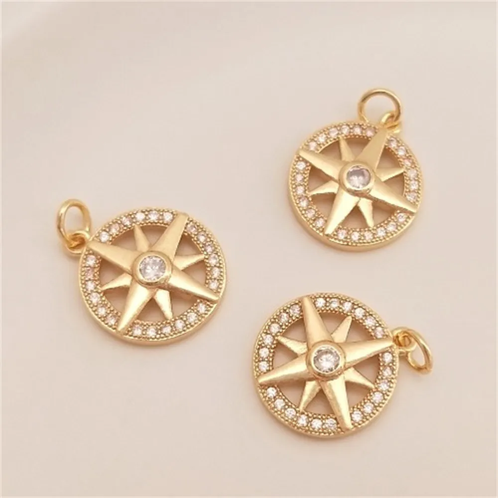 

14K Gold-plated Micro-inlaid Zircon Eight-awned Star Round Pendant Diy Bracelet Charm Pendant K093