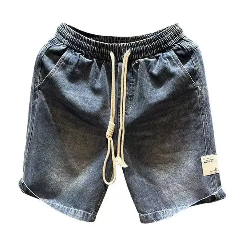 Male Denim Shorts Wide Drawstring Graphic Loose Men\'s Short Jeans Pants Baggy Harajuku Thin Xl Korean Fashion New in Cut Blue