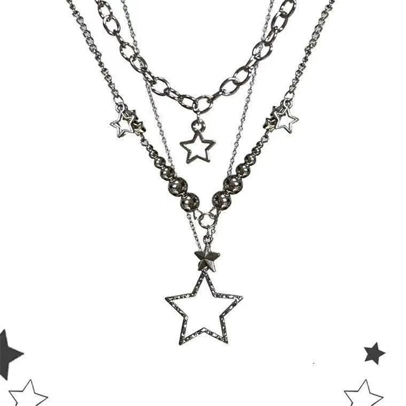 Trendige Y2K Stern-Anhänger Halsketten-Set Vintage Goth Einfache Mehrschichtige Metallketten-Halsketten Damen Charm Statement Schmuck Geschenke – Detail 1