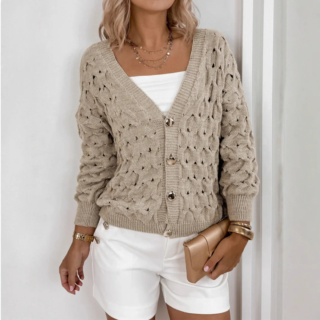カーキ秋の女性のニットウェア軽量中空アウト V ネック女性のニットカーディガンシングルブレスト快適なセーター女性のための