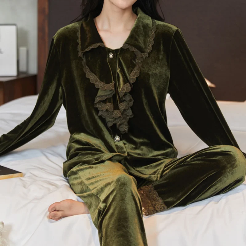 Pink Velvet Women\'s Pajama Sleepwear Autumn Winter New Trouser Suits Pyjama Pour Femme Elegant Loose Velour Home Wear Loungewear