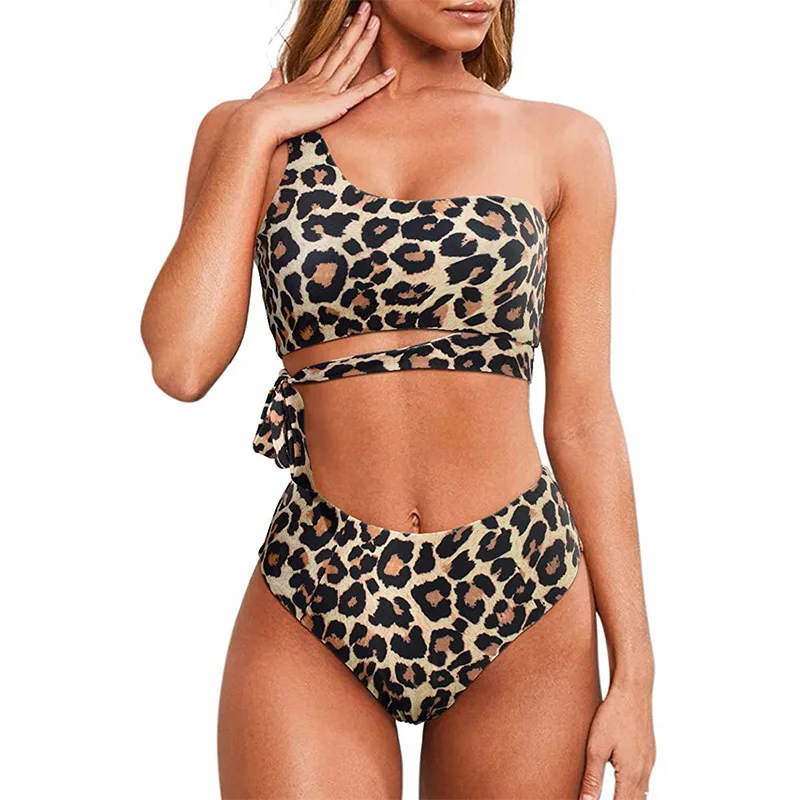 

Bikini Swimwear One-Shoulder Tie-Back Separate Tank Top Swimsuit Two-Piece Leopard Print Beachwear for Summer Women Bikinis Set