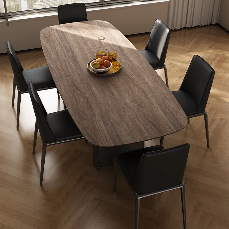 Eettafel villa grote vlakke vloer minimalistische roestvrijstalen rechthoekige massief houten zwarte walnoot eettafel en stoel combinatie