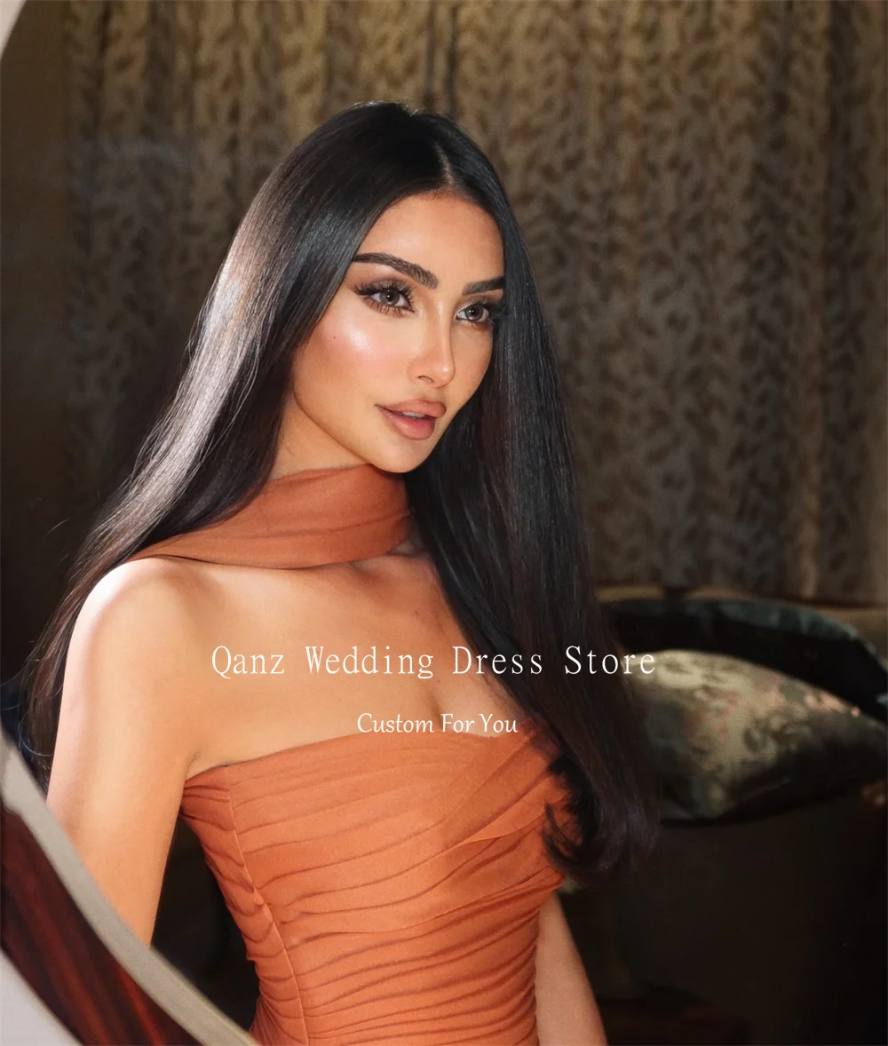 Qanz Burnt Orange Strapless Evening Dresses Women Modest Chiffon Scarf Party Dresses Long A Line Vestidos De Gala Customized image 5