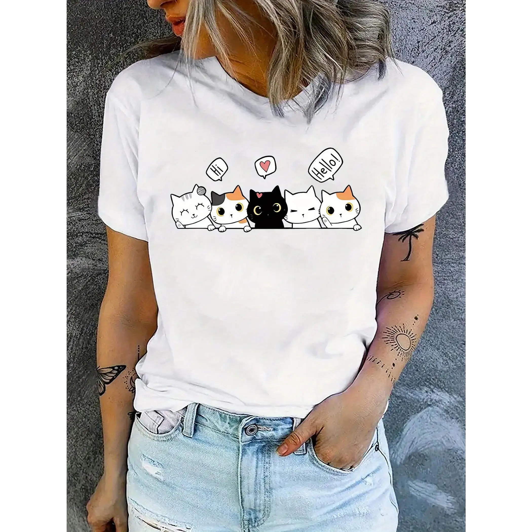 

Women's Cute Kitty Group T-Shirt | "Hello Cat Friends" Graphic Tee | Adorable Pet Lover Casual Gift Top for Cat Moms