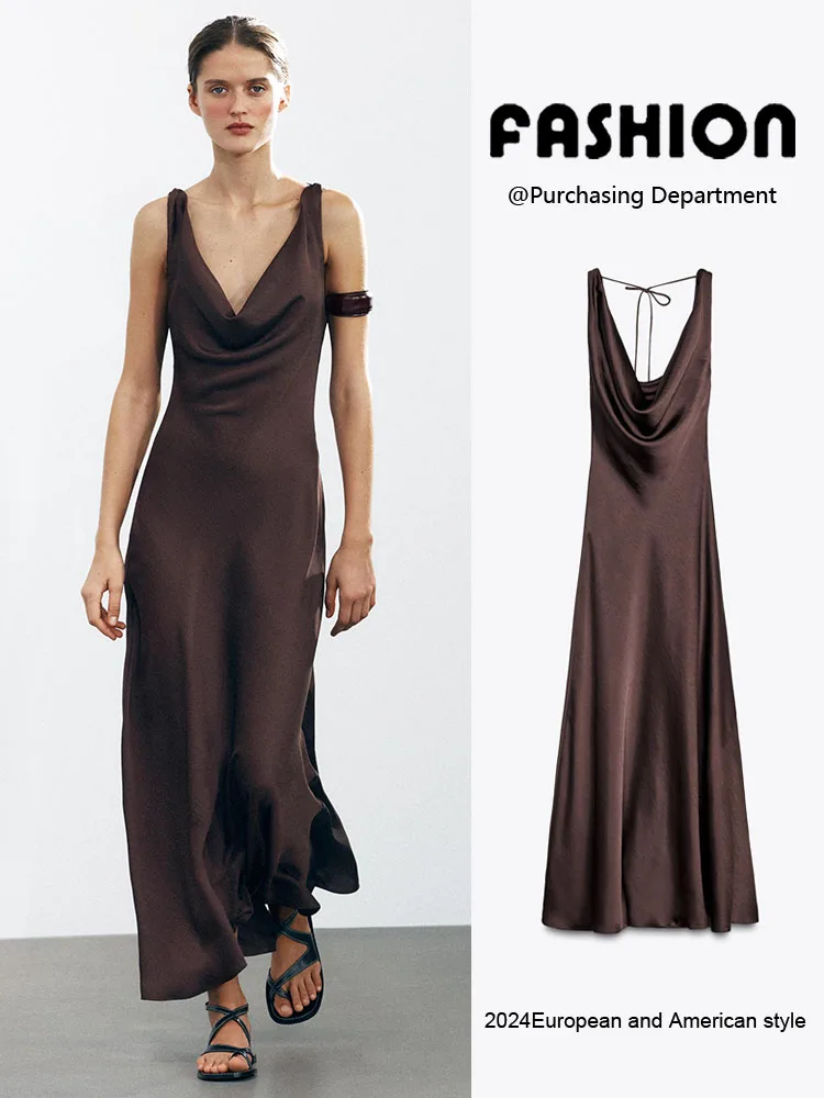 夏の新作セクシーな背中見せノースリーブシルクサテンロングドレス レディースファッション ギャザーウエストVネックAラインガウン