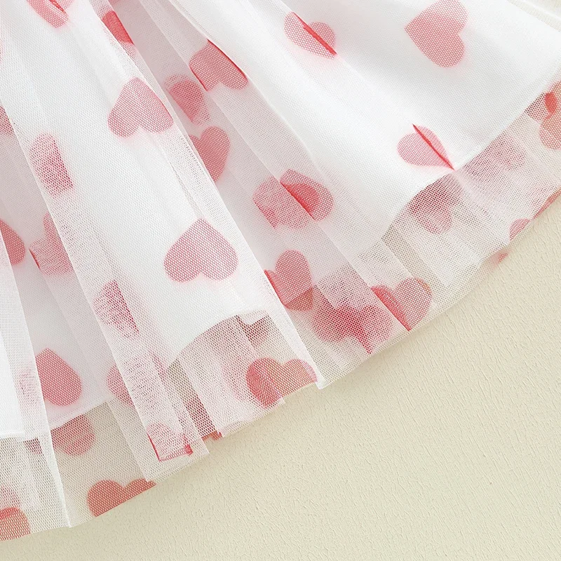 Toddler Baby Girl Valentine’s Day Dress Short Sleeve Doll Collar Heart Print Tulle Dress Cute A-Line Dress Children's Clothing