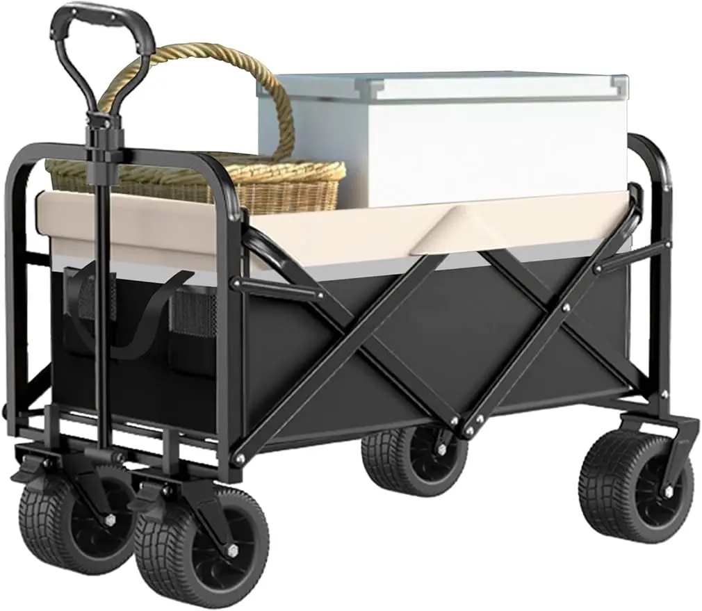 Collapsible Folding Wagon Load 330 Lbs, Heavy Duty Utility Beach Wagon Cart for Sand with Big Wheels, Adjustable Handle