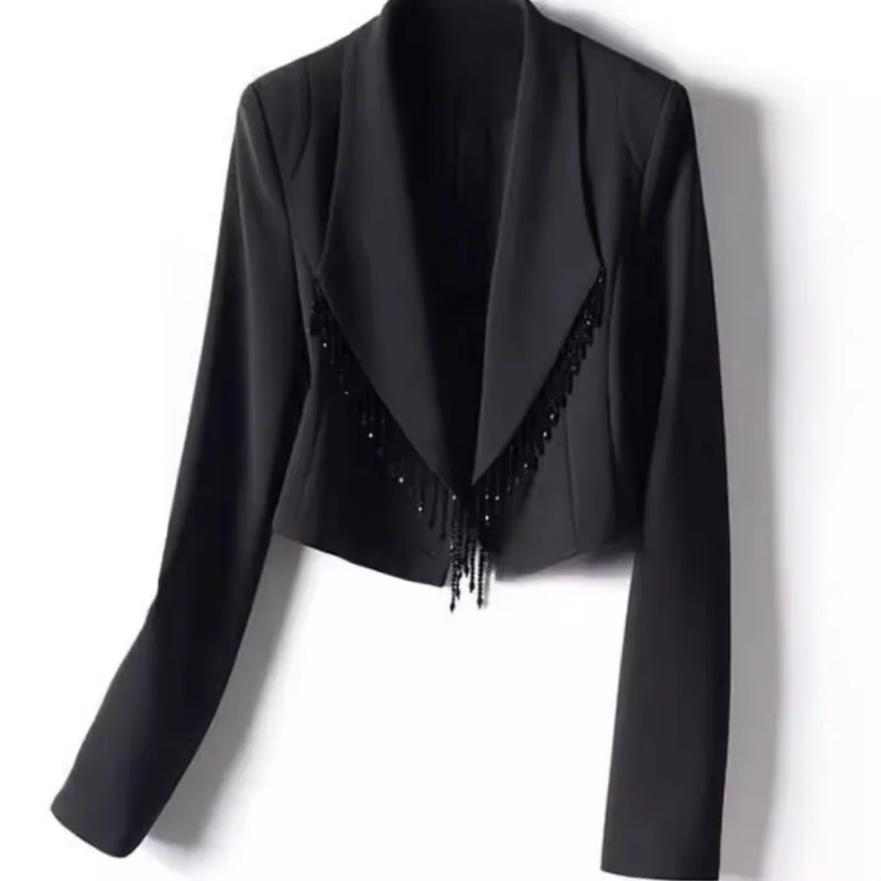 Light Luxury Heavy Duty Coat Women Fashion 2026 Autumn Cropped Blazer Jacket Short Black Suit Top w2403