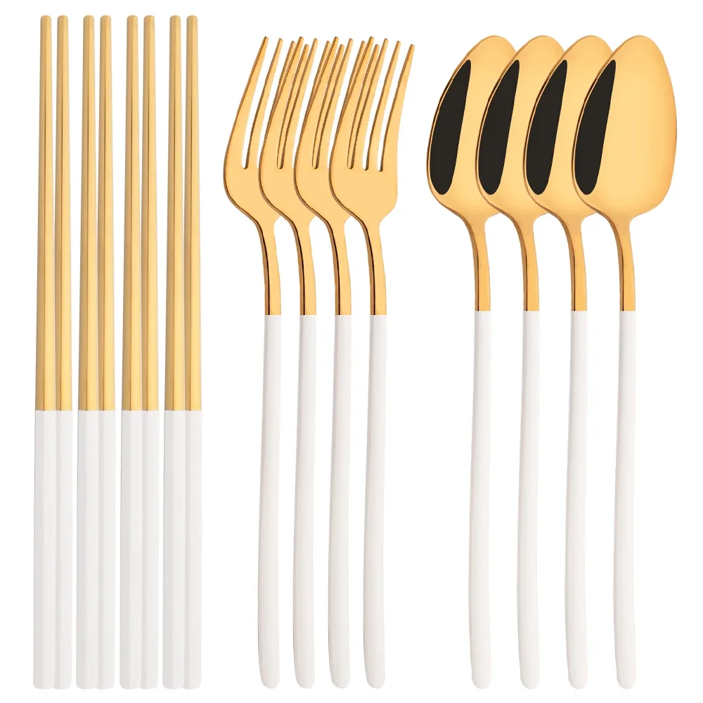 Korean 12Pcs Tableware Set High Quality Stainless Steel Dinner Set White Gold Dinnerware Fork Spoon Chopsticks Cutlery Set
