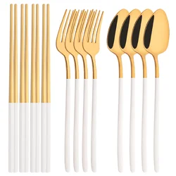 Korean 12Pcs Tableware Set High Quality Stainless Steel Dinner Set White Gold Dinnerware Fork Spoon Chopsticks Cutlery Set
