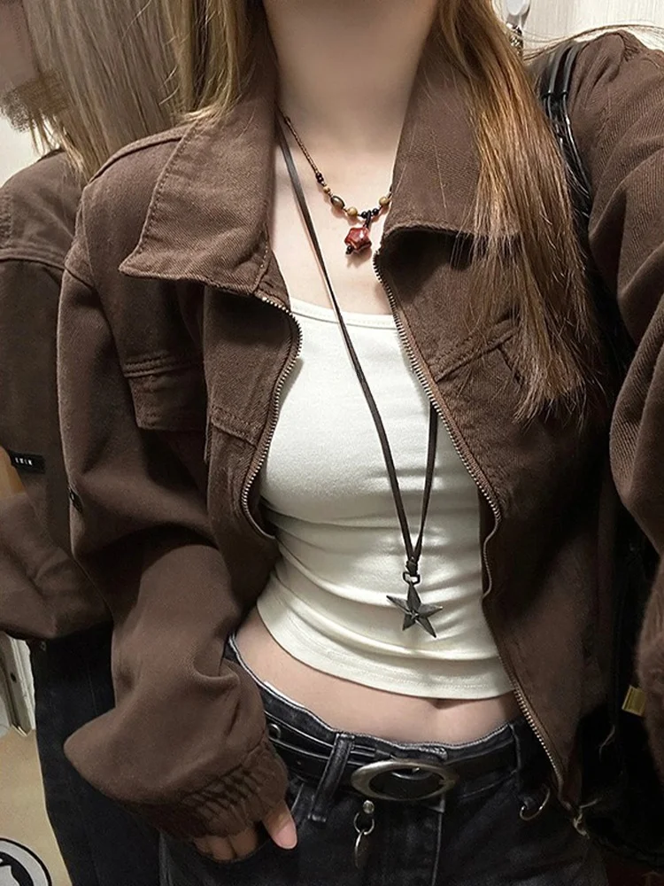 Retro Brown ort Denim Jaet Damen Frühling Herbst Lose High Street Kleine Größe Jaet Top Pendeln Sle Reißverschluss