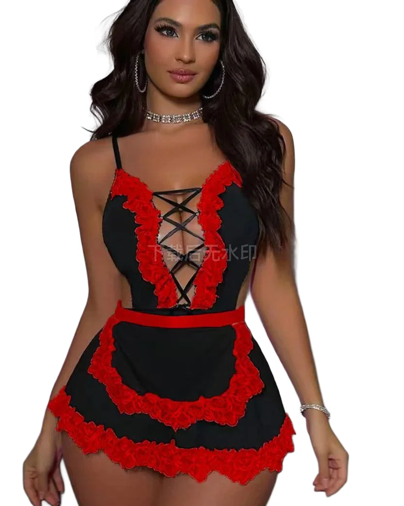 

Women's Sexy Maid Costume Lingerie Set Black with Light Blue Lace Trim Criss-Cross Front Backless Mini Dress with Apron for Cosplay