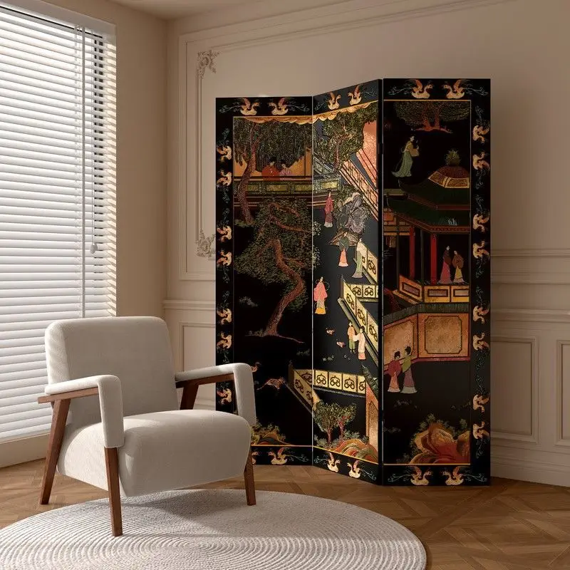creen foldable mobile partition baffle wabi sabi medieval style solid wood lacquer painting office hotel entrance