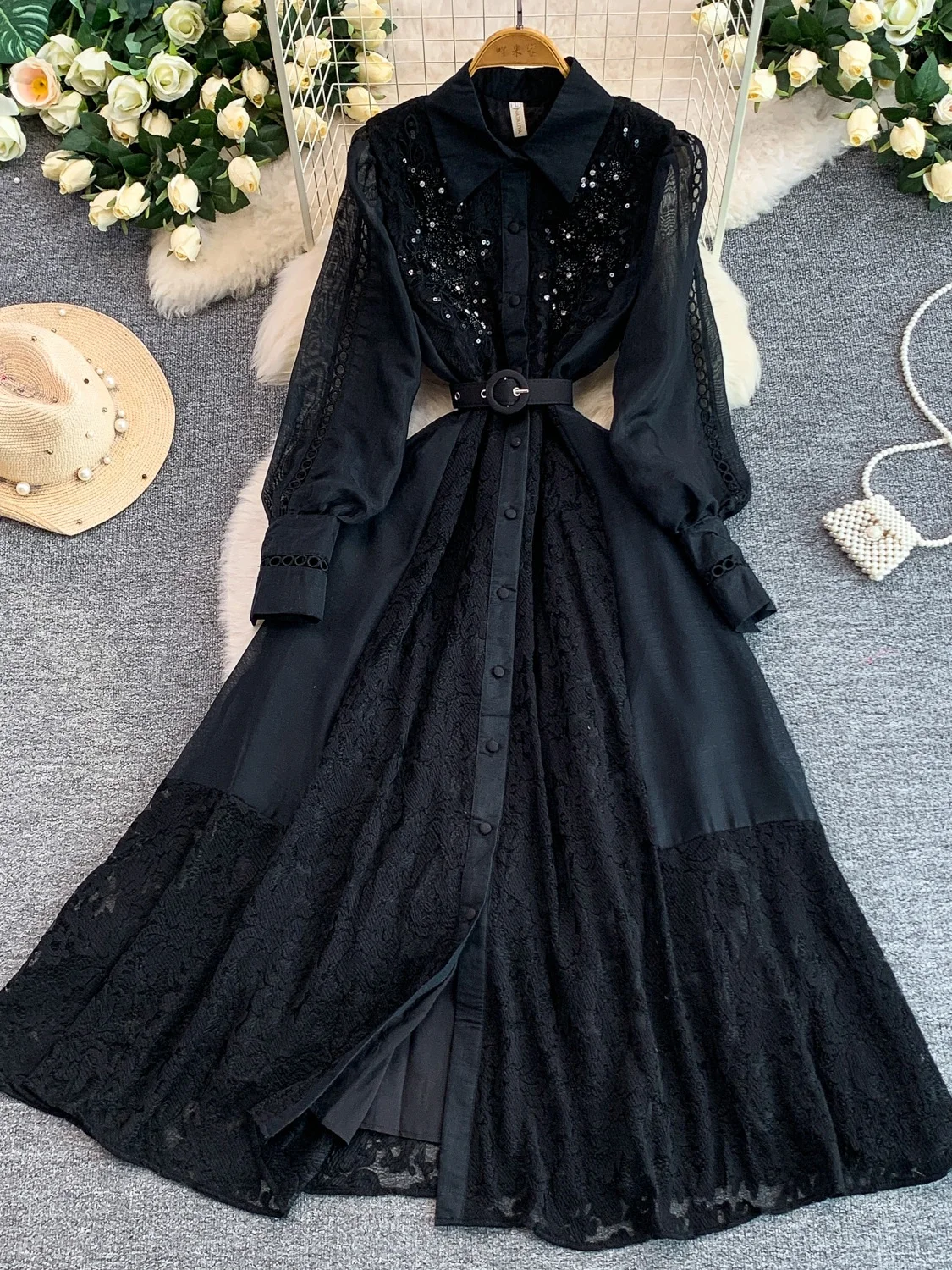 

Elegant Long Sleeve Lace Dress Women's Belted Waist A-Line Skirt Style Commute Spring Summer Fashion Sensation Sequin Paneling