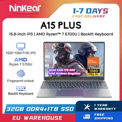 Ninkear-ordenador portátil A15 Plus AMD Ryzen™Teclado retroiluminado 7 5700U, 15,6 pulgadas, FHD, IPS, 60Hz, 32GB + 1TB, SSD, desbloqueo por huella dactilar, Notebook