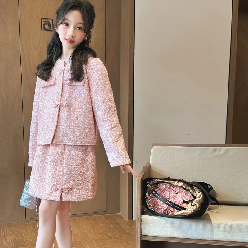 French design style pink girls skirt set Round necked woven jacket+skirt 2pcs 4-15 teenage girls clothes suit children outfits