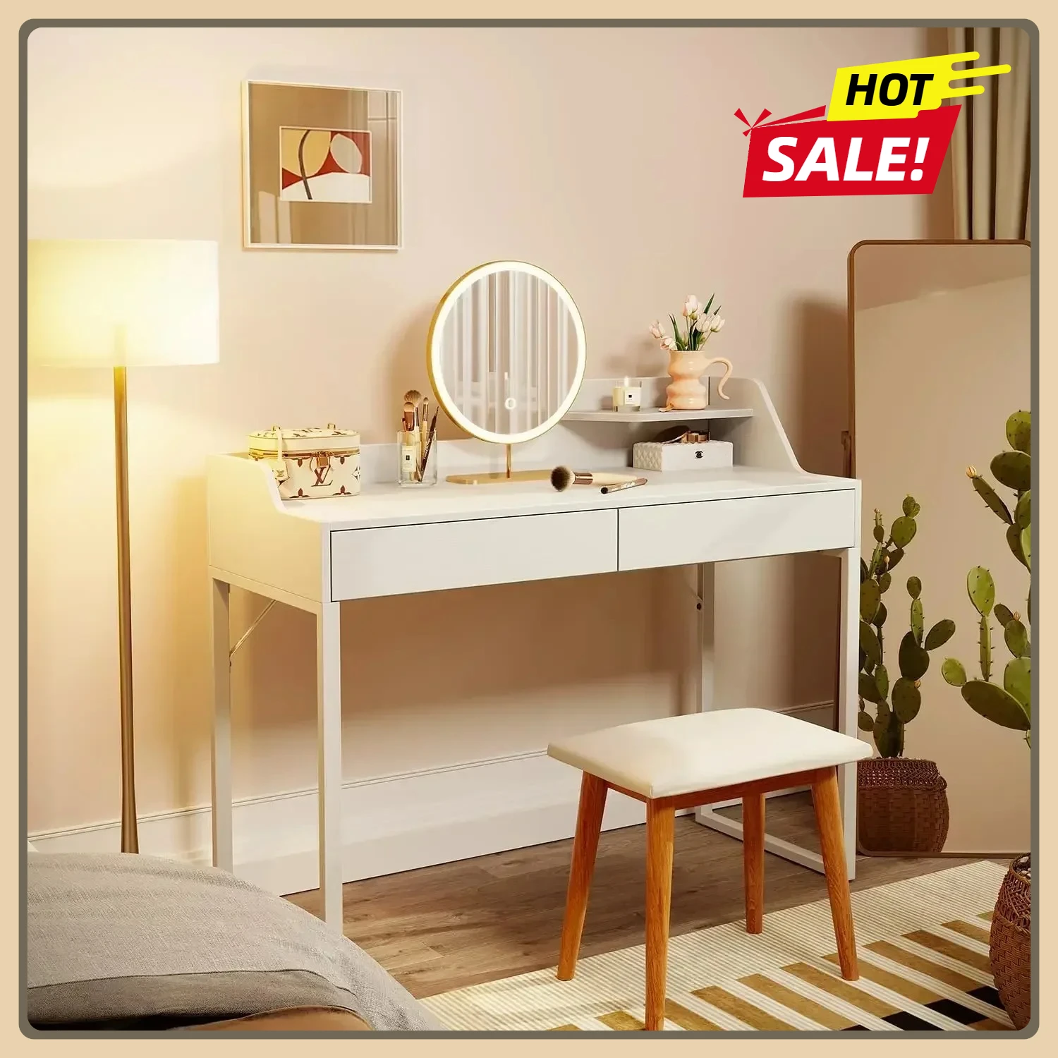 

40 Inch Vanity Desk, Computer Home Office Desk, Modern Makeup Dressing Desk, Study Work Table, White with 2 Drawers