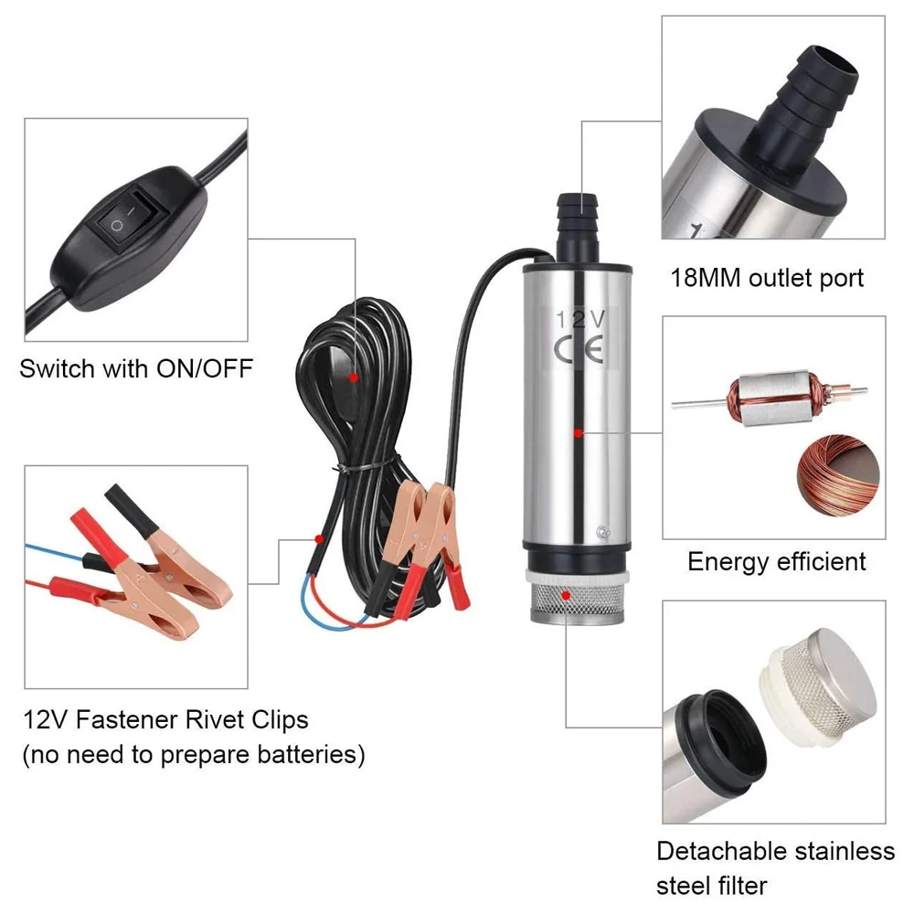 12V Car Electric Oil Diesel Pump 12L/Min Water Oil Mini Transfer Refueling Submersible Pump Stainless Steel