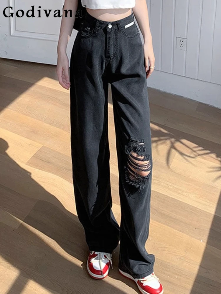 

Large Size 2XL-6XL Women's Summer Thin Black Wide-leg Ripped Jeans 2025 New High-waisted Loose Fashion Versatile Korean Pants