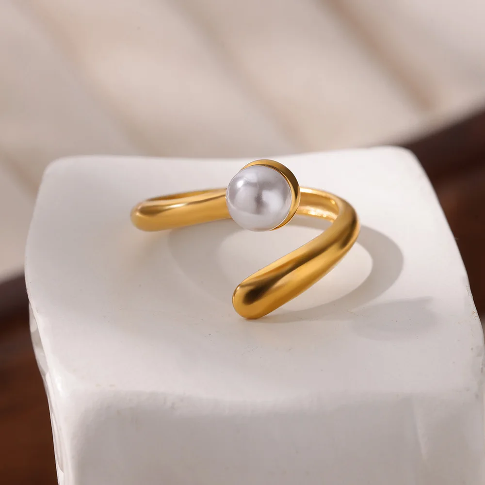 Stainless Steel Opal Sun Rings for Women Gold Color Vintage Imitation Pearl Adjustable Wedding Ring Aesthetic Fashion Jewelry