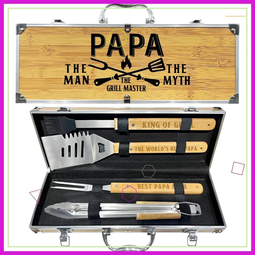 

Heavy Duty Stainless Steel BBQ Grill Utensil Set with Wooden Handle in Portable Carrying Case for Backyard Cooking