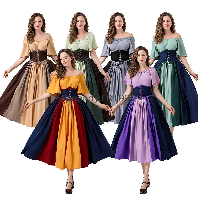 

Halloween Costumes for Women Medieval Retro Contrasting Fly Sleeve Belted Waist Dress Renaissance Princess Masquerade Ball Gown