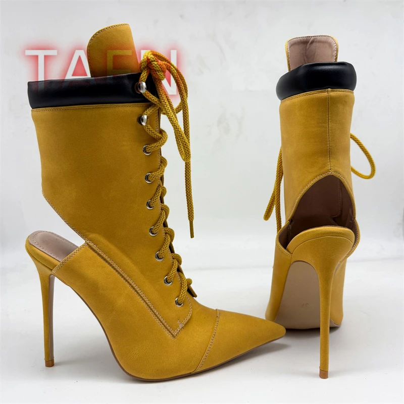 الأصفر الدانتيل يصل خنجر Bootie مثير مدبب تو Slingback الصنادل الأحذية عبر الأشرطة الصنادل 2025 الخريف النساء موضة حذاء بوت بطول الكاحل #4