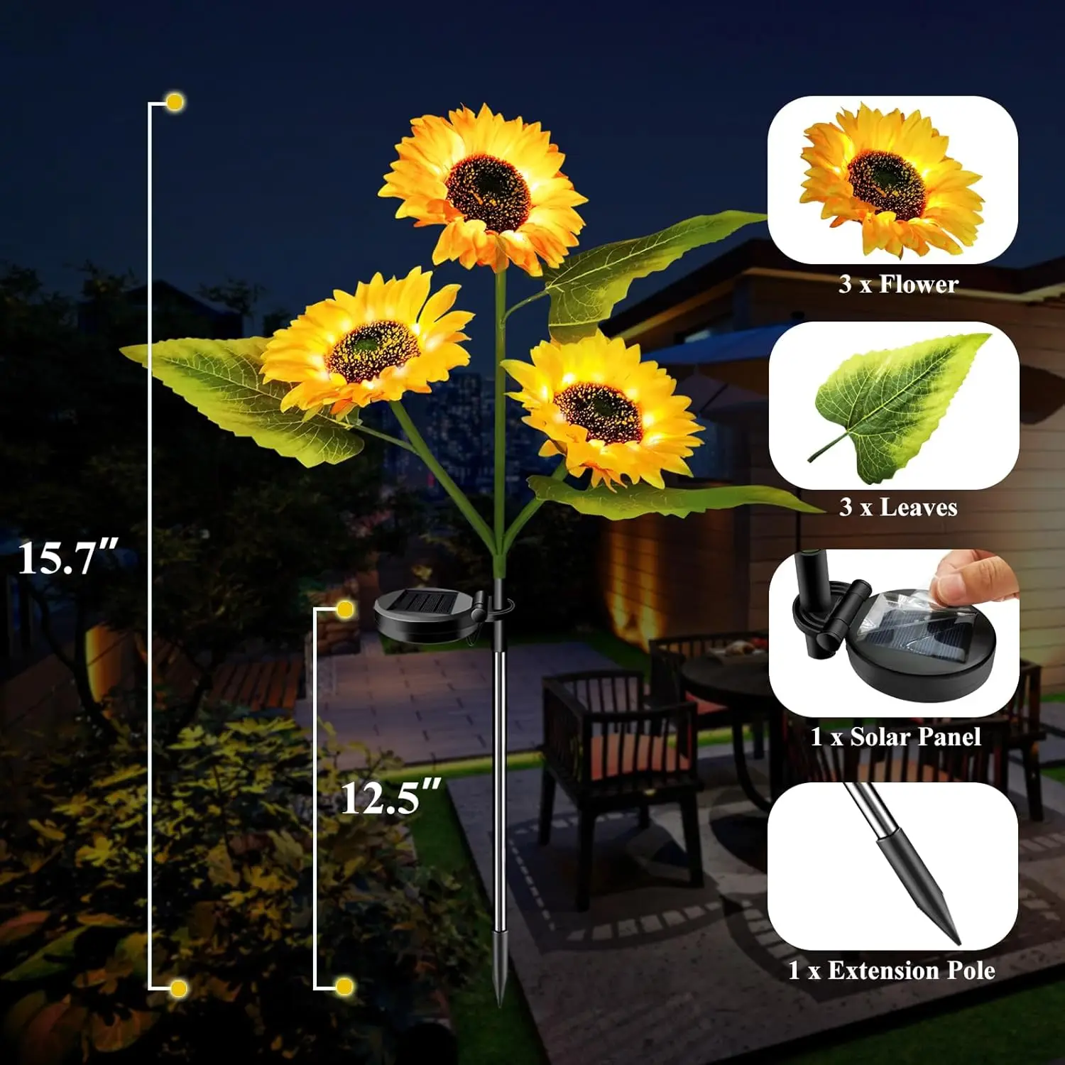 2Pack 3-Head Garden Lights Solar Powered, Waterproof IP65 Solar Lights With Bigger Sunflower Realistic Solar Flowers Lights For