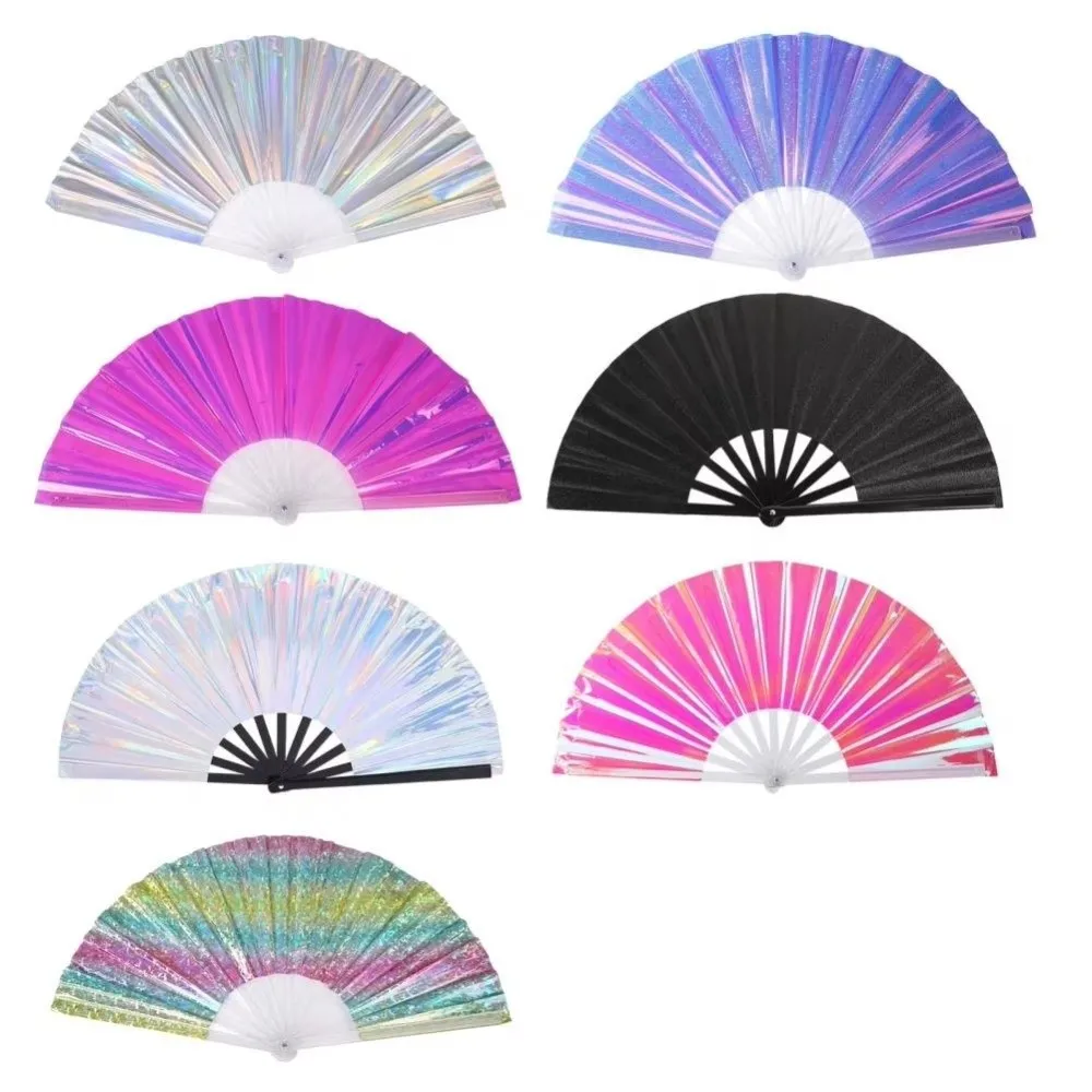 Holographic Effect Folding Fan Iridescent Finish Large Size Handheld Fan Party Decoration Stage Props Cooling Fan Summer