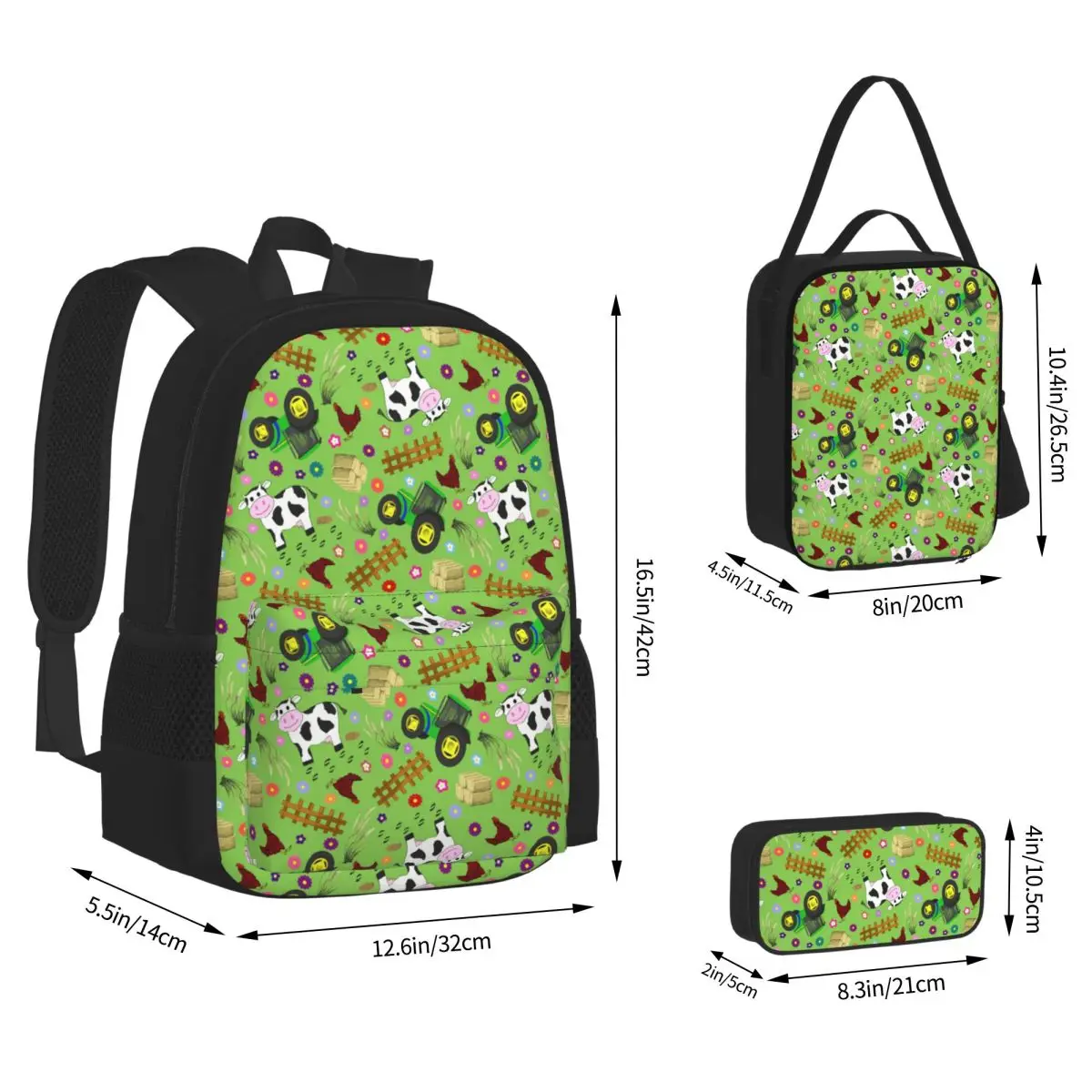 Farmyard Cow And Tractor Backpacks Students Bookbag School Bags Children Rucksack Lunch Bag Pen Bag Three-Piece Set