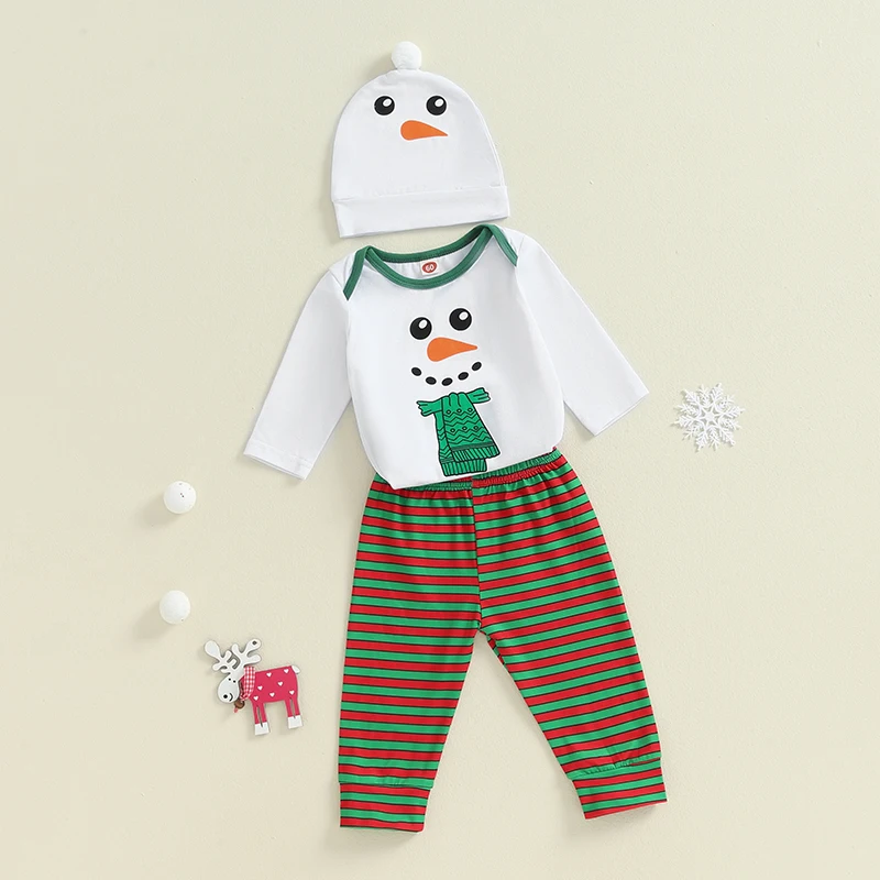 Newborn Infant Baby Boy Girl Christmas Outfits Snowman Romper  Pants Hat 3Pcs Winter Christmas Clothes Set