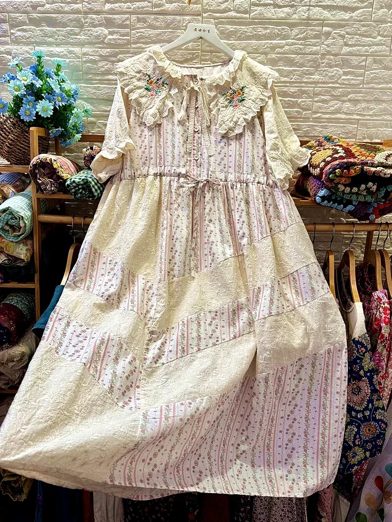 Vintage süße Spitze Blumen stickerei Puff ärmel Tunika große Größe Midi langes Kleid 2024 japanische Mori Mädchen Lolita Retro Chic Kleid