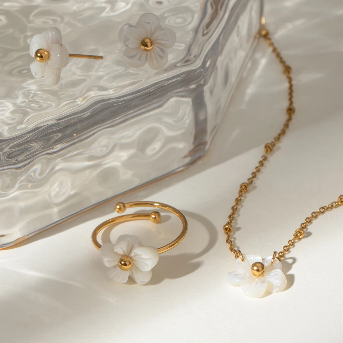 18K Gold Plated Stainless Steel Flower Open Ring & Necklace Set