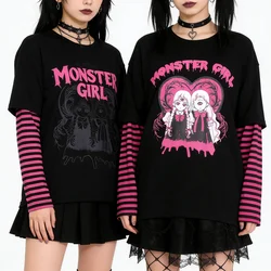 Harajuku Y2K T-shirt Women Japanese Horror Comics Twins Print Stripe Long Sleeve Tee Shirt Fake 2 Pieces Top Hip Hop Streetwear
