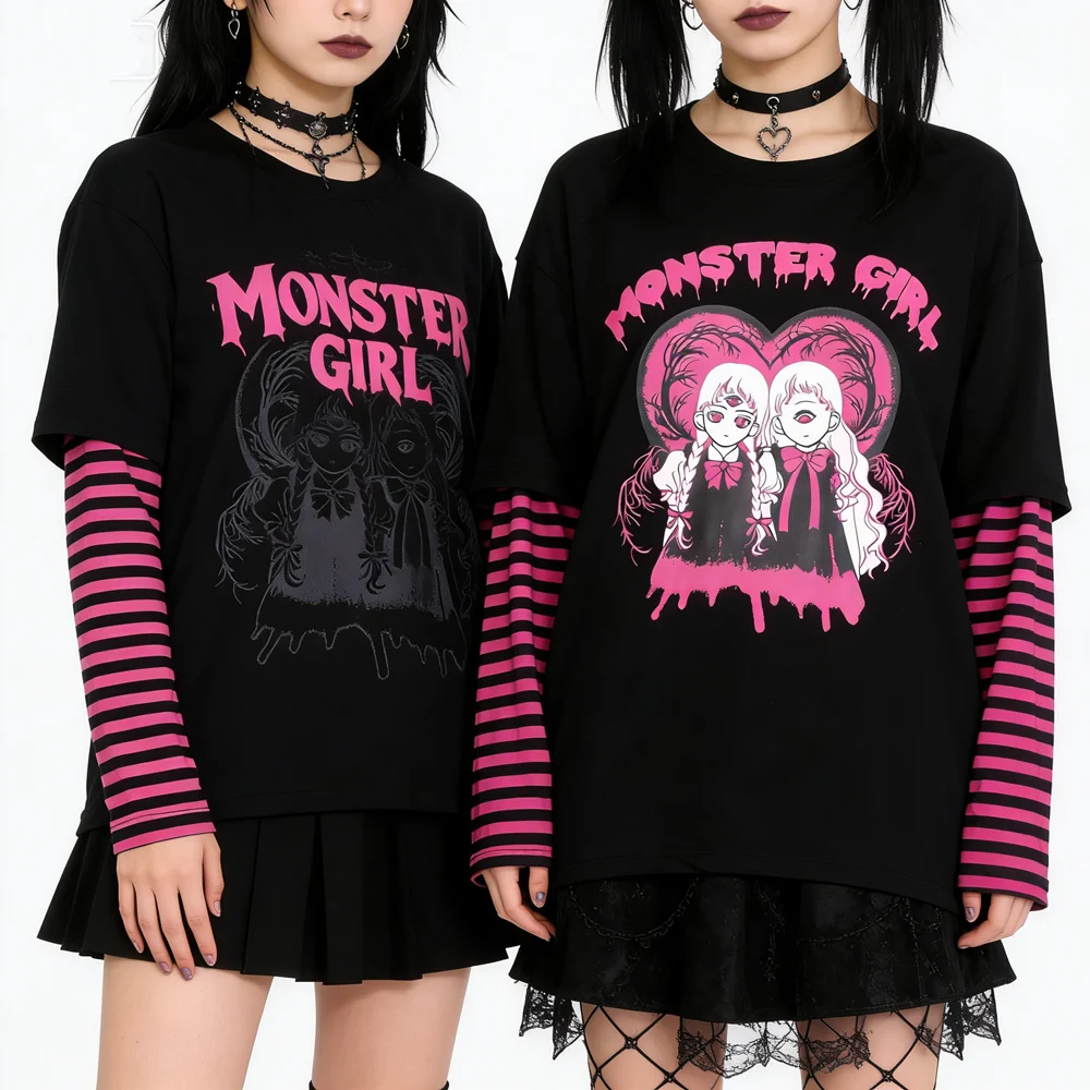 Harajuku Y2K T-shirt Women Japanese Horror Comics Twins Print Stripe Long Sleeve Tee Shirt Fake 2 Pieces Top Hip Hop Streetwear