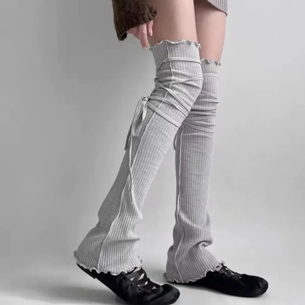 

DIY Strappy Balletcore Leg Warmers Stringy Selvedge Vertical Stripe Loose Socks Foot Cover Knee High Warm Boots Cover Streetwear
