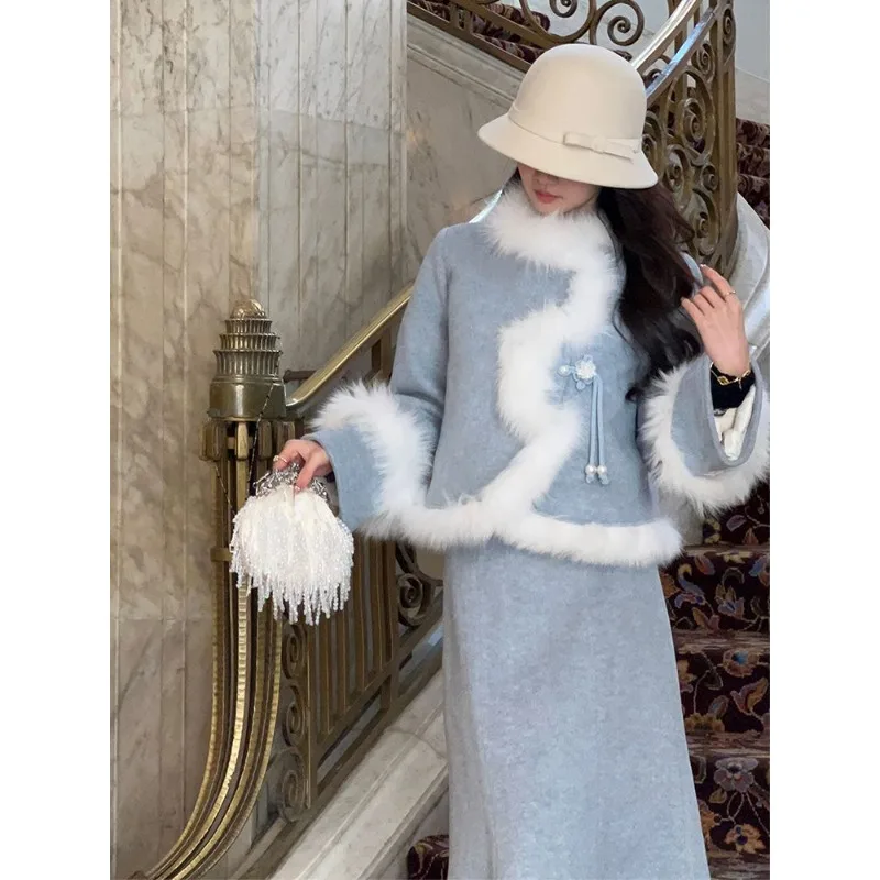 

2025 Winter New Chinese Style Heavy Industry Top High Waist Fishtail Skirt Two-piece Set Women's Skinny Long Skirt Set