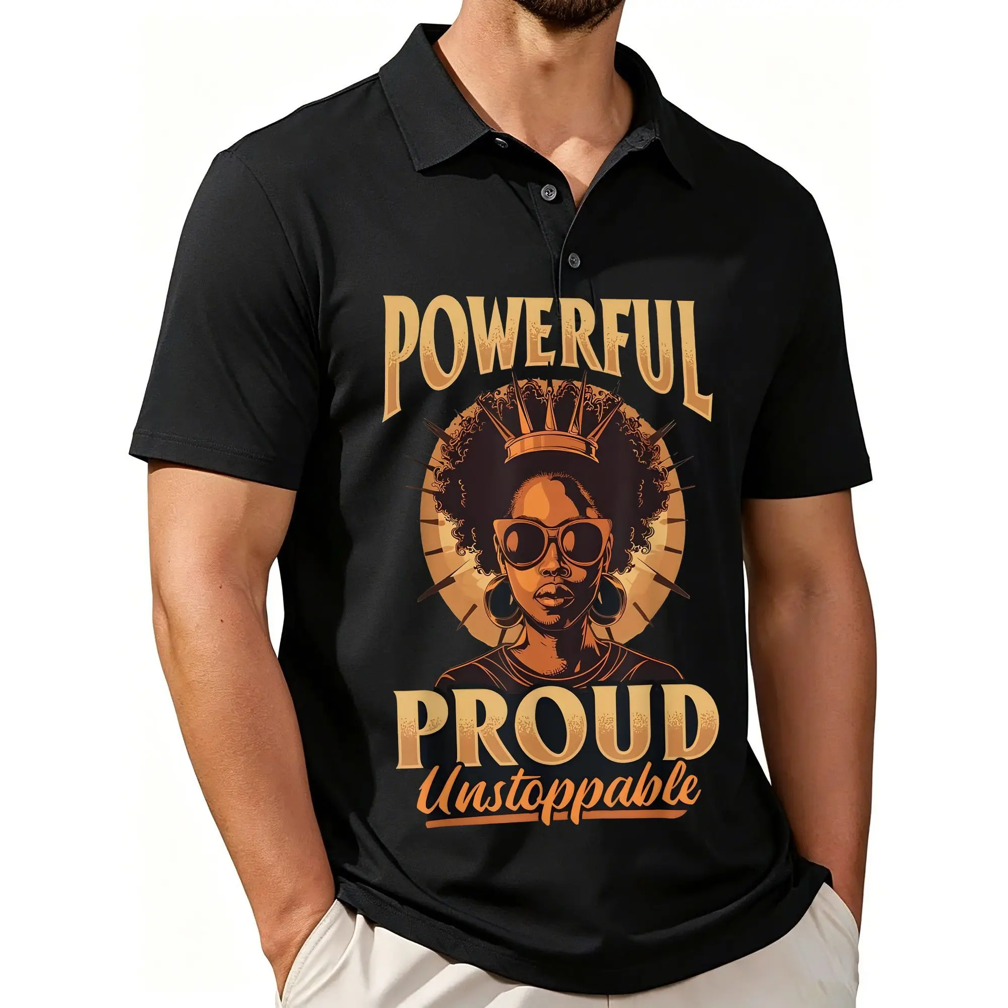 Men's Printed Short-Sleeve Polo Shirt with a Theme of Black History Month for Confident and Resilient Black Women, Featuring a Stylish and Casual Fit, Breathable Fabric, and Suitable for All Seasons.