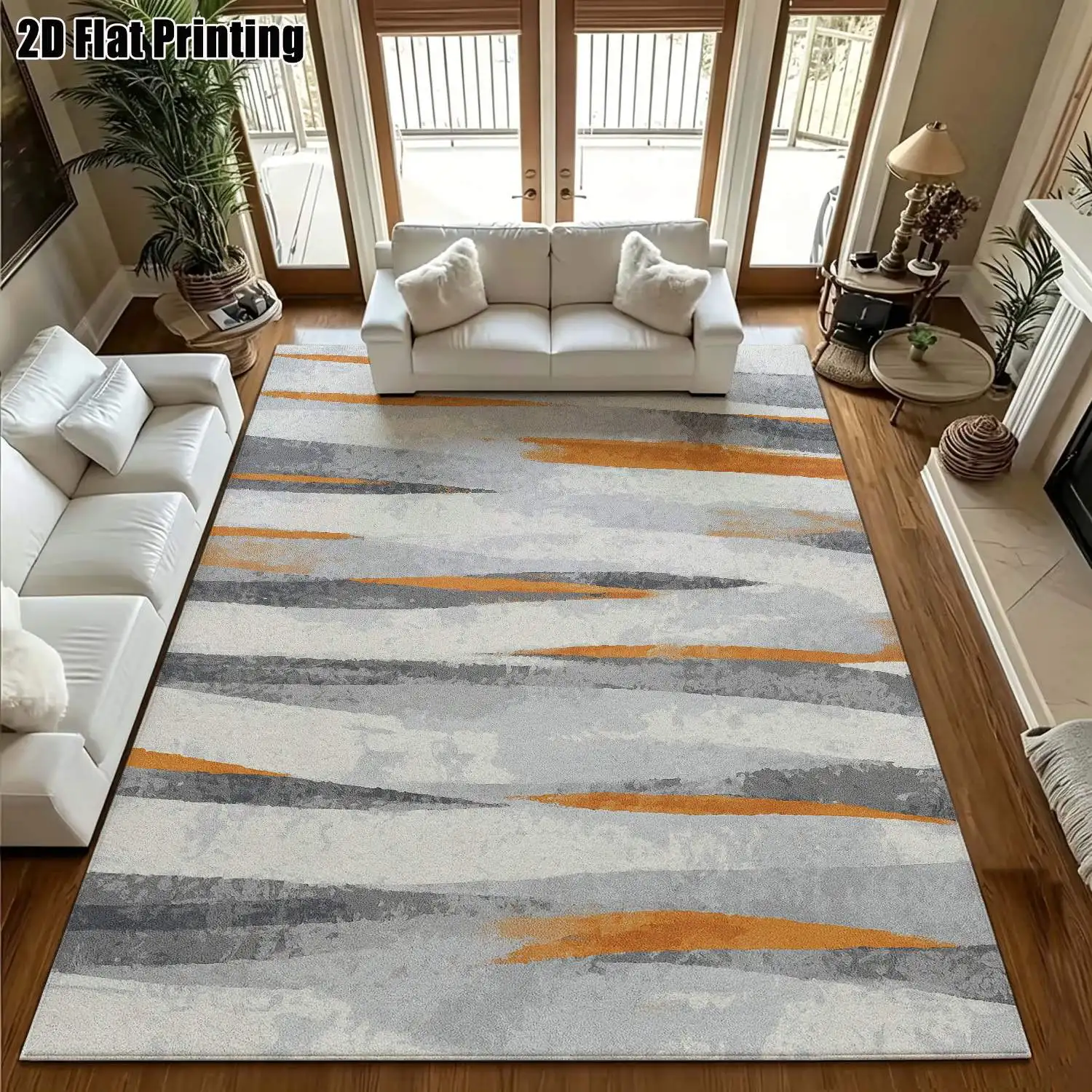 1Pc 2D Printed Nordic/Instagram-Style Geometric Stripe Carpet: Orange-Grey, Machine Washable, Multi-Size, Home Decor for Entryway, Dining Room, Bedroom, Living Room