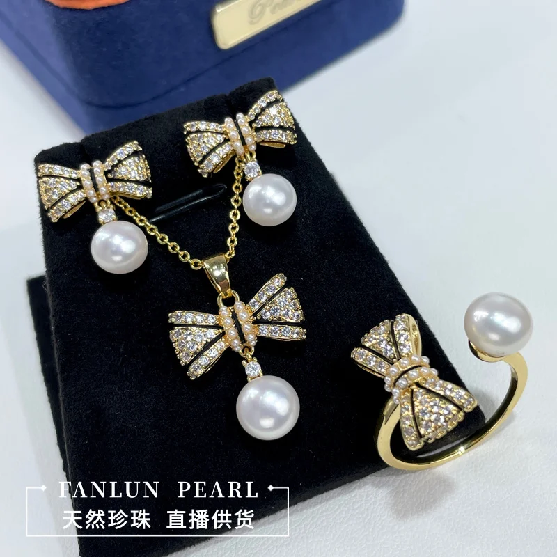 

Natural Pearl Set Color-Block Bowknot Full Three-Piece Ring Pendant S925 Earrings Women