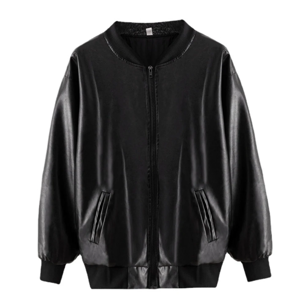 Women's Outerwear PU Jacket with Lantern Sleeves Zipper Front and Collarless Neckline Suitable for Multiple Occasions