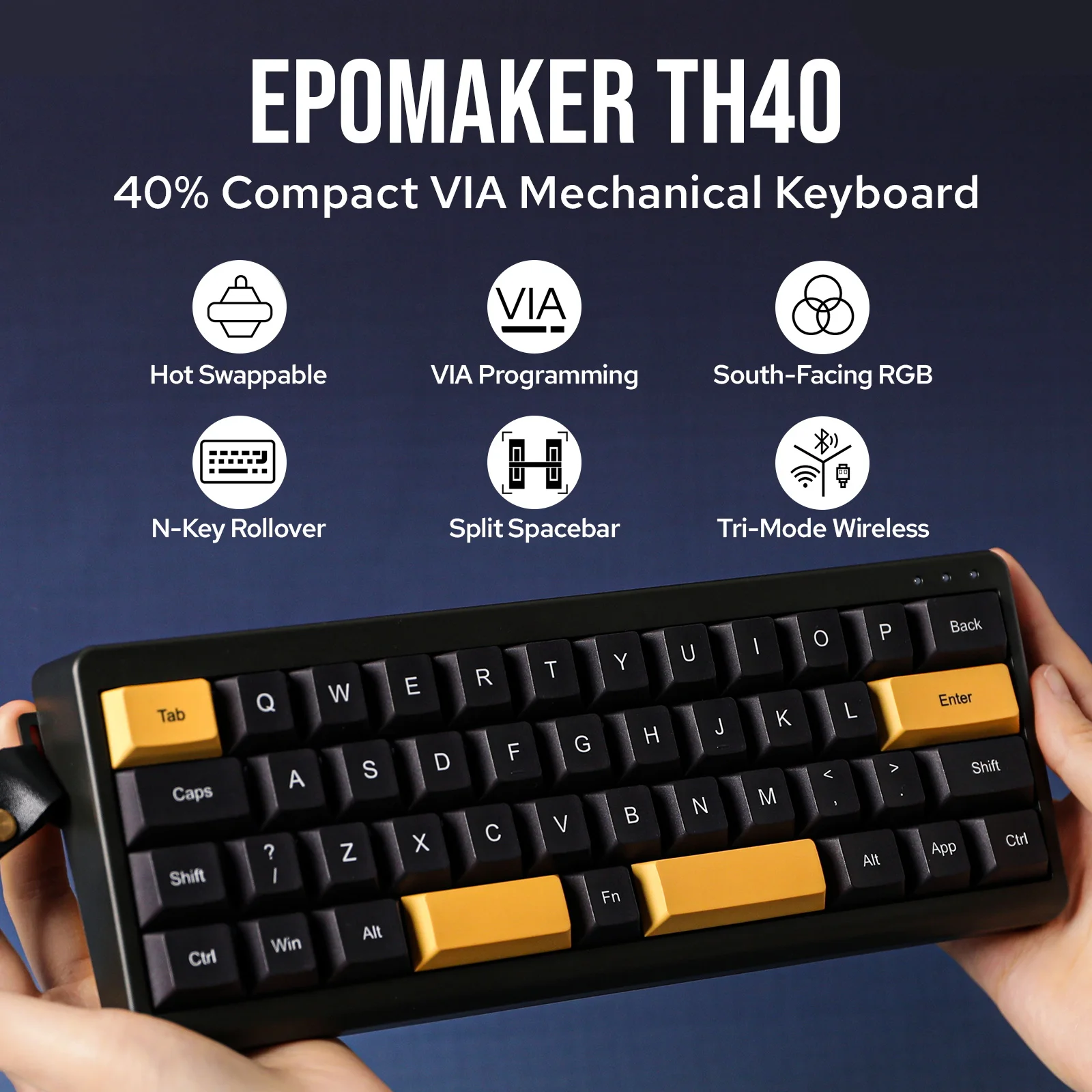 EPOMAKER TH40 VIA 울트라 컴팩트 40% 레이아웃, 핫 스왑 가능 개스킷 장착 C타입 유선, 블루투스, 2.4G 무선 기계식 키보드