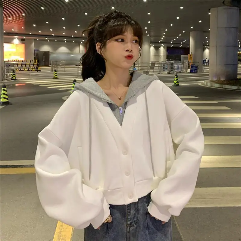 Fake Two Piece Cropped Hoodie V Neck Button Cardigan Contrast Drawstring Hood Drop Shoulder Layered Sweatshirt